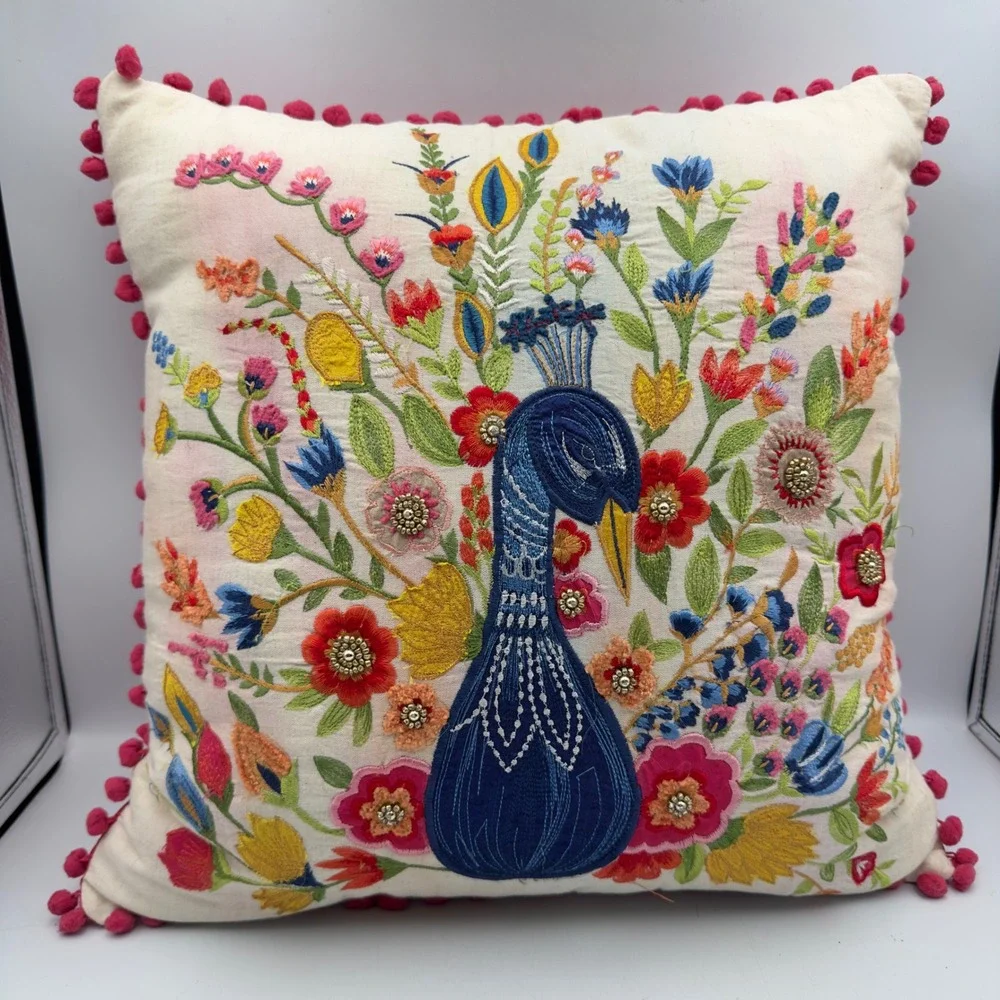 Set of 2 Embroidered Peacock Floral Throw Pillows Pink Pom Pom Trim 16x16 Boho